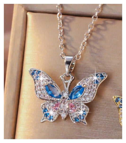 Blue and pink butterfly - Necklace - Silver - CZs - 18"