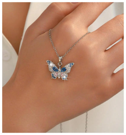 Blue and pink butterfly - Necklace - Silver - CZs - 18"