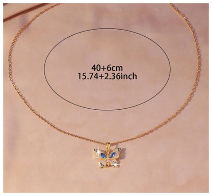 Blue and pink butterfly - Necklace - Silver - CZs - 18"