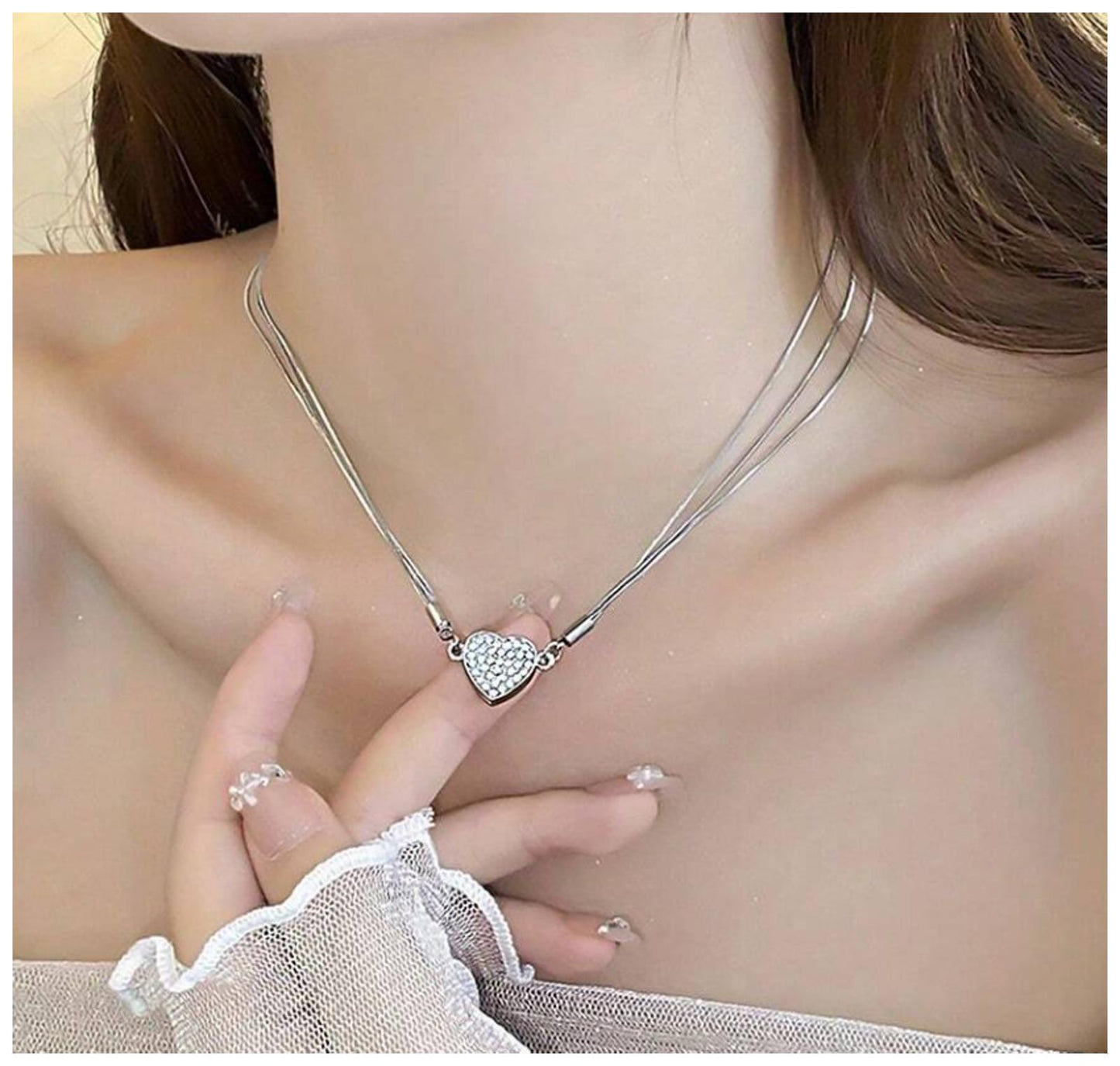 Heart clasp magnetic - Necklace - Silver - CZs - 19"