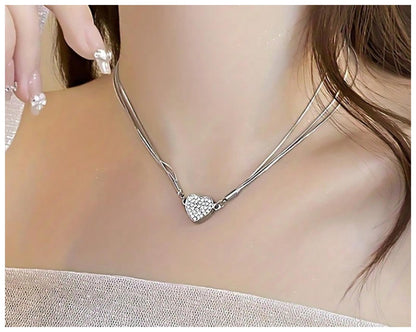 Heart clasp magnetic - Necklace - Silver - CZs - 19"