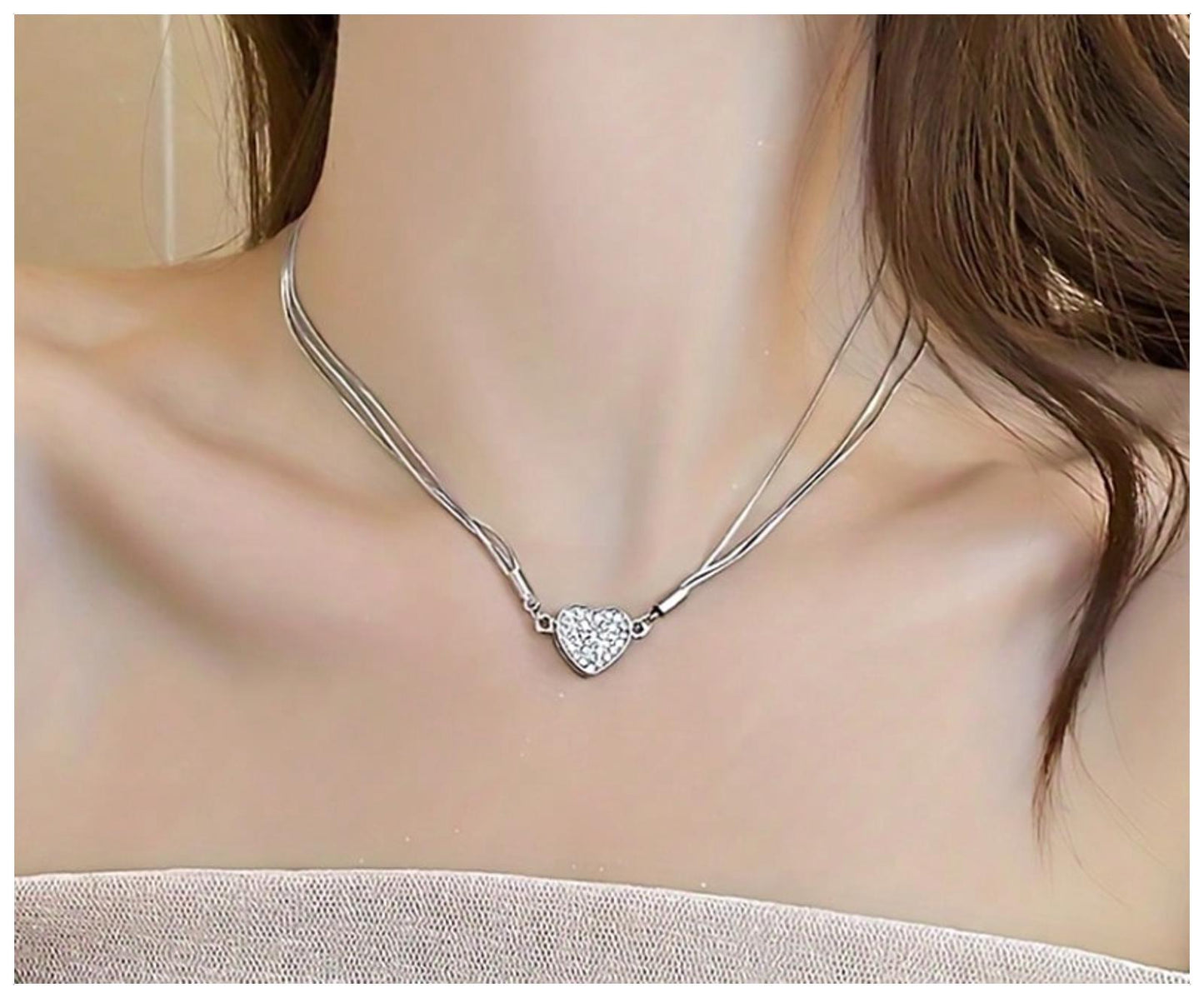 Heart clasp magnetic - Necklace - Silver - CZs - 19"