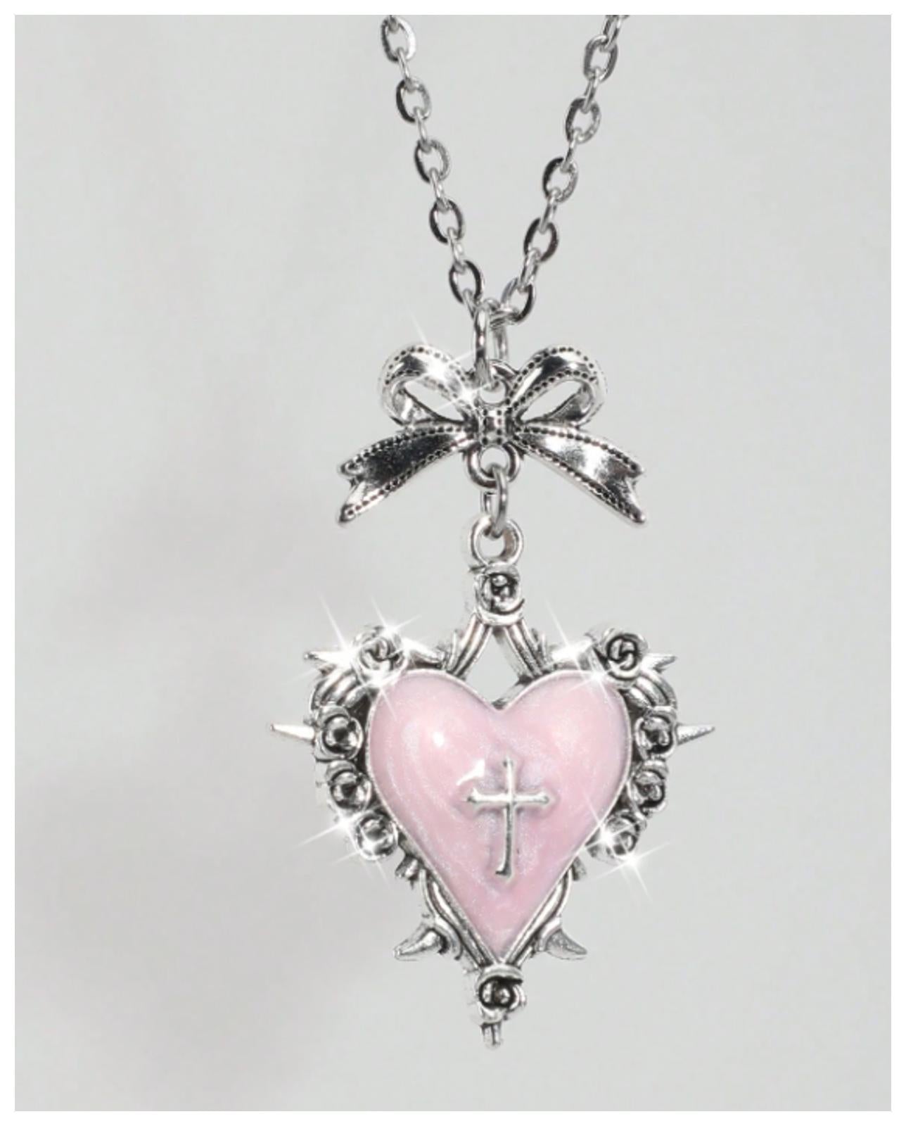 Pink enamel cross heart - Necklace - Silver - 20"