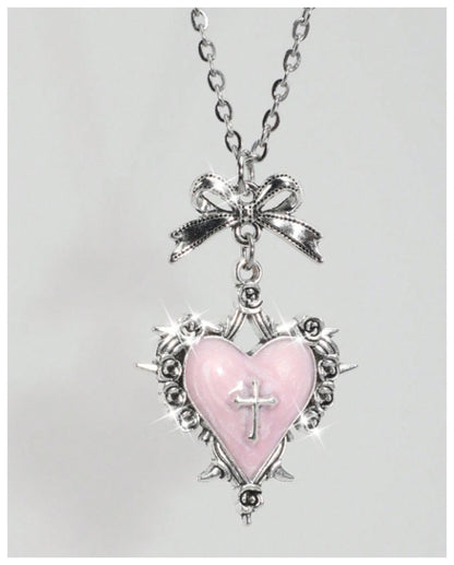 Pink enamel cross heart - Necklace - Silver - 20"