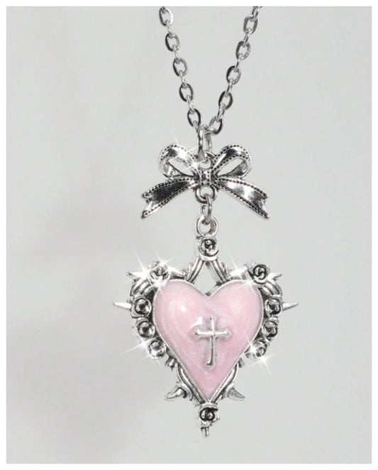 Pink enamel cross heart - Necklace - Silver - 20"