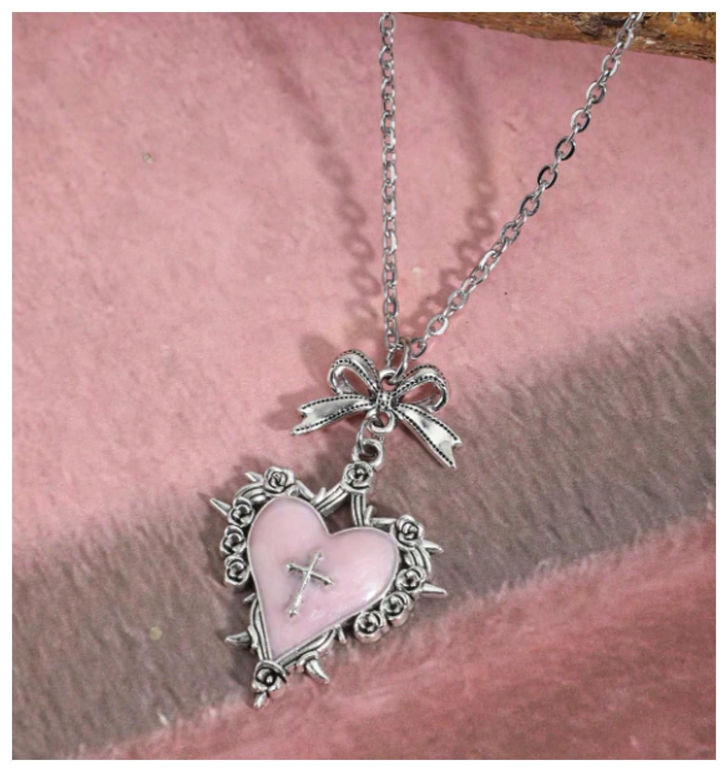 Pink enamel cross heart - Necklace - Silver - 20"