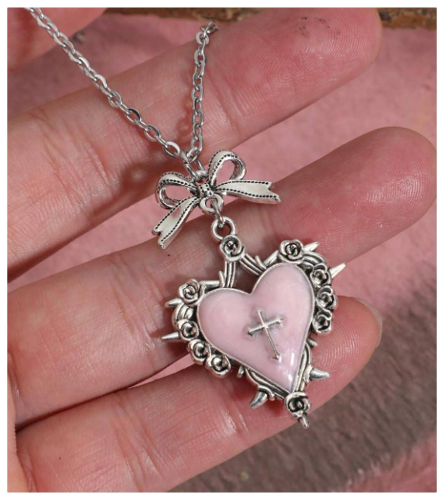Pink enamel cross heart - Necklace - Silver - 20"