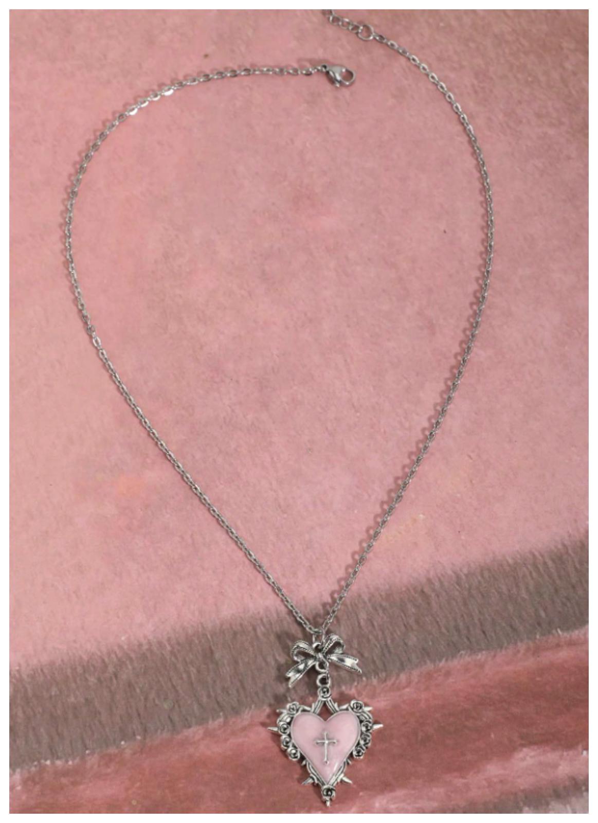 Pink enamel cross heart - Necklace - Silver - 20"