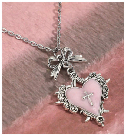 Pink enamel cross heart - Necklace - Silver - 20"
