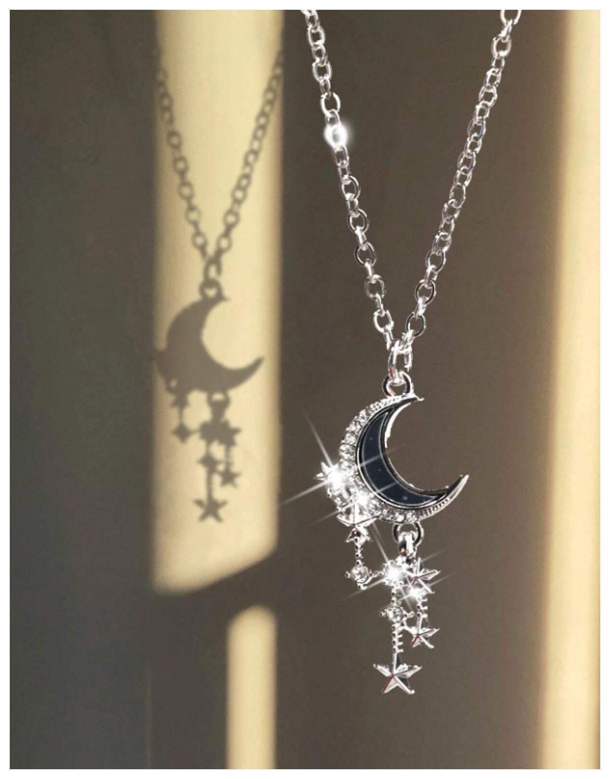 Black crescent moon - Necklace - Silver - CZs - 18"