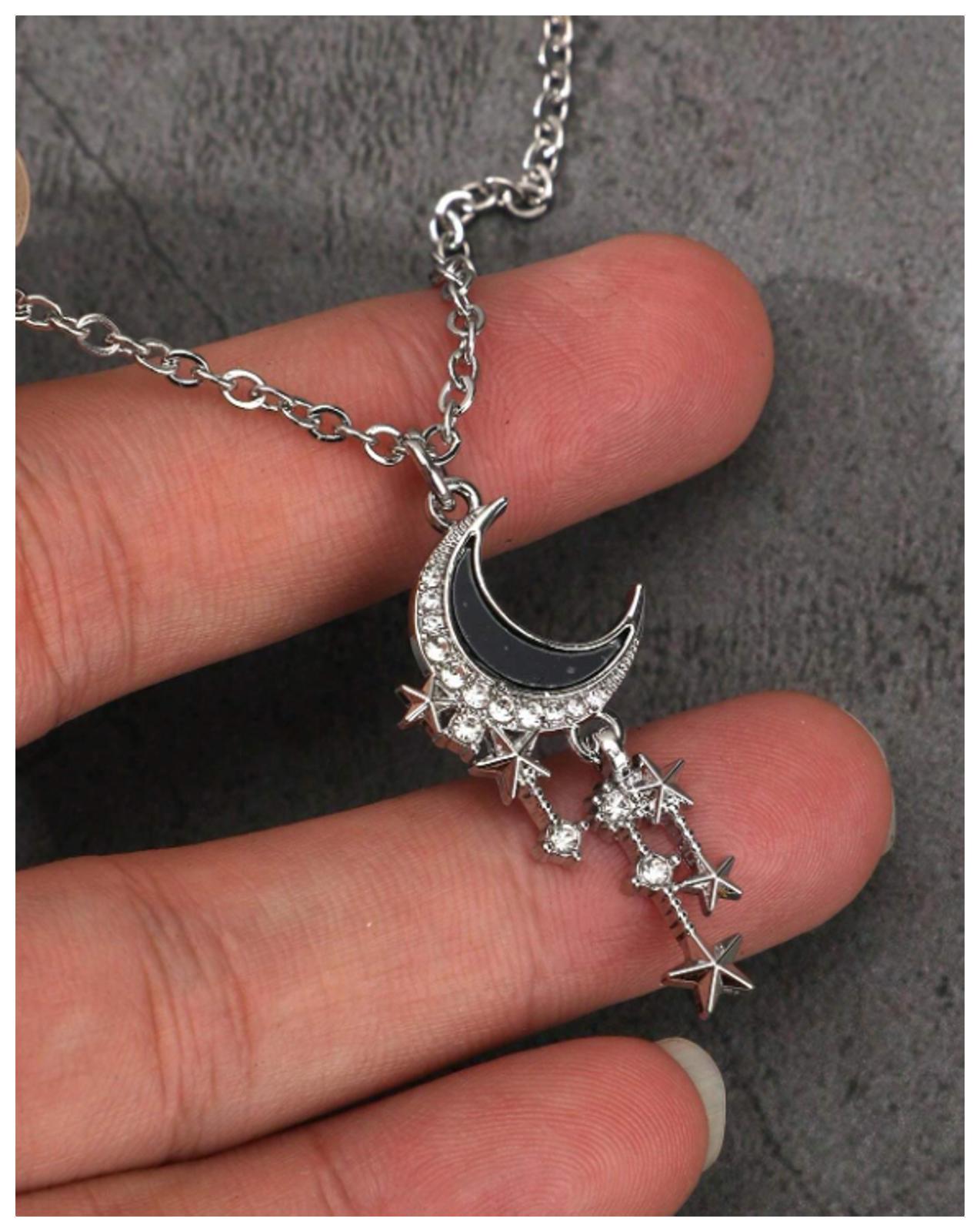Black crescent moon - Necklace - Silver - CZs - 18"