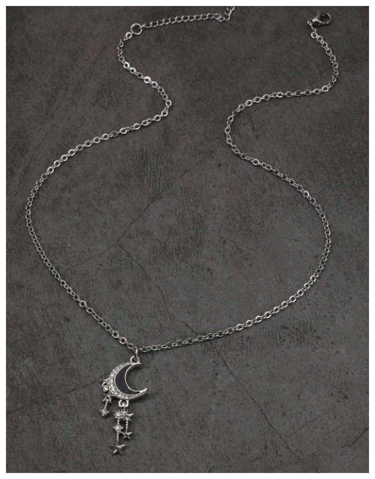 Black crescent moon - Necklace - Silver - CZs - 18"