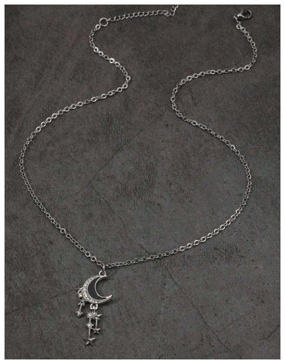 Black crescent moon - Necklace - Silver - CZs - 18"