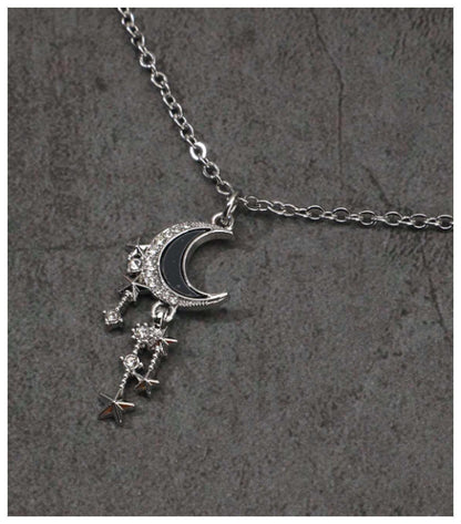 Black crescent moon - Necklace - Silver - CZs - 18"