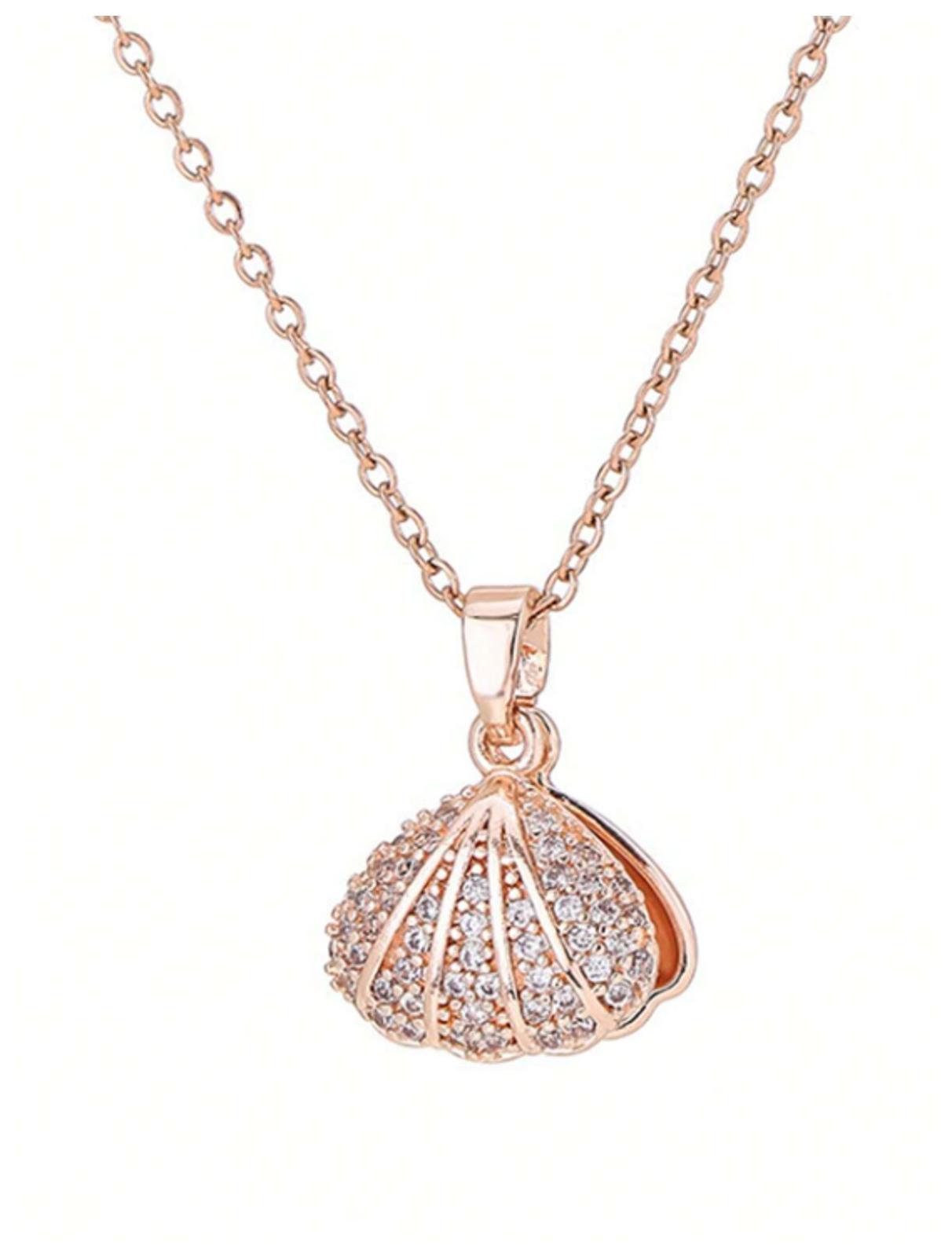 Clam and pearl - Necklace - Rose Gold - CZs - 18"