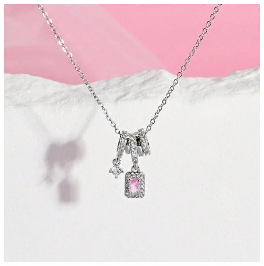 Pink rectangle dangle - Necklace - Silver - CZs - 18"