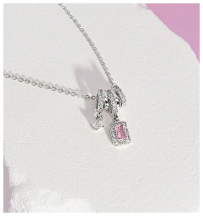 Pink rectangle dangle - Necklace - Silver - CZs - 18"
