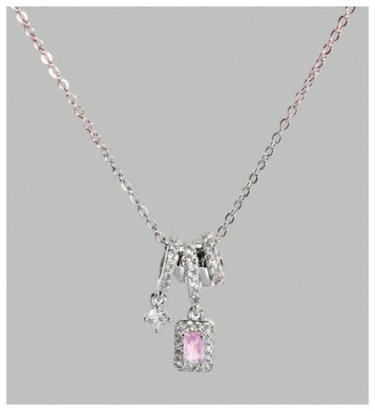 Pink rectangle dangle - Necklace - Silver - CZs - 18"