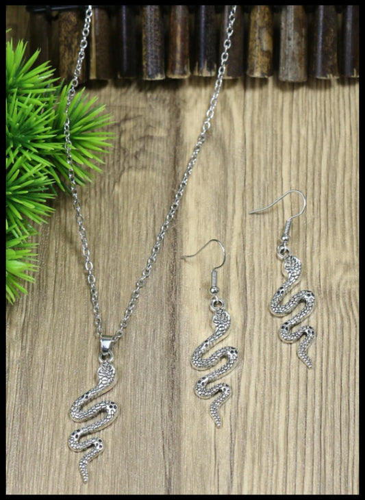 Antiqued snake - Necklace/Earring set - Silver - 18"