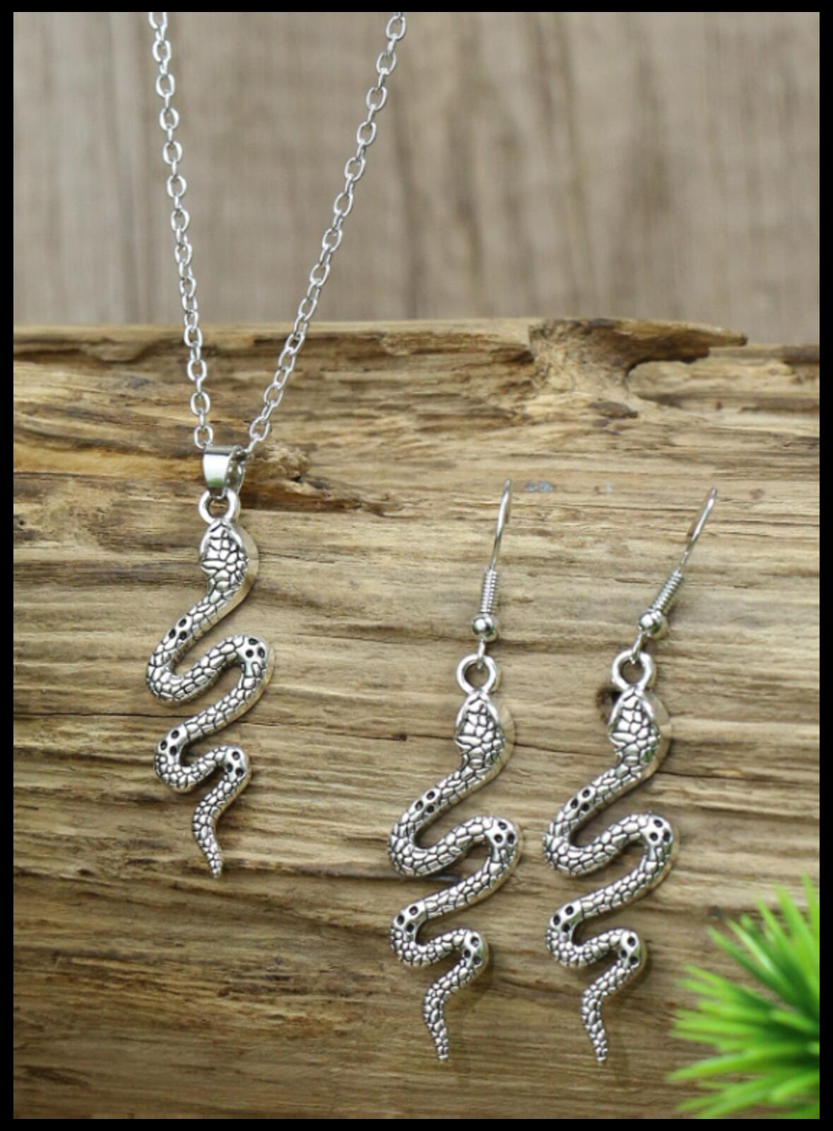 Antiqued snake - Necklace/Earring set - Silver - 18"