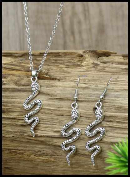 Antiqued snake - Necklace/Earring set - Silver - 18"