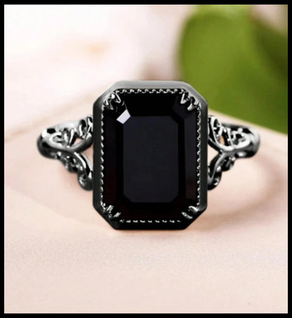 Gothic black rectangle - Ring - black Silver - CZs - Size 5