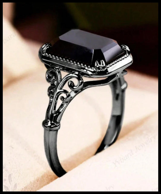 Gothic black rectangle - Ring - black Silver - CZs - Size 5