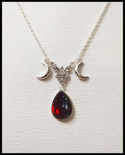 Red bohemian style moon goddess - Necklace - Silver - CZs - 18"