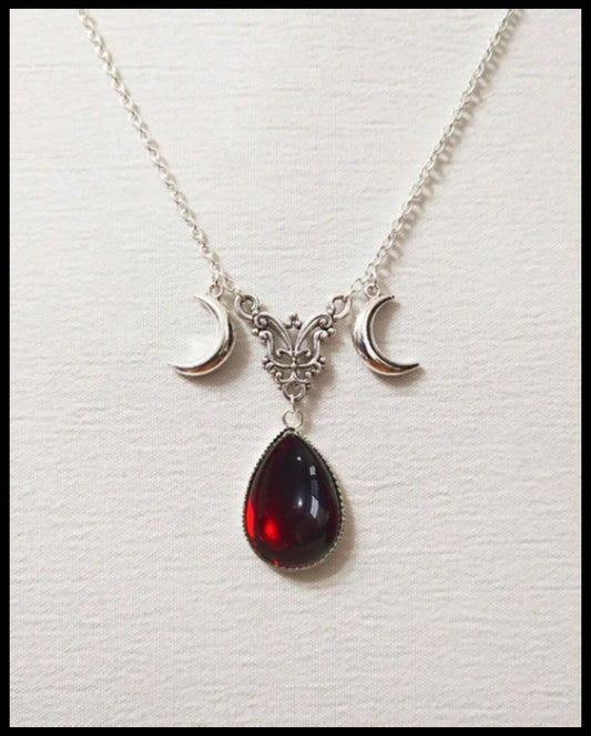 Red bohemian style moon goddess - Necklace - Silver - CZs - 18"