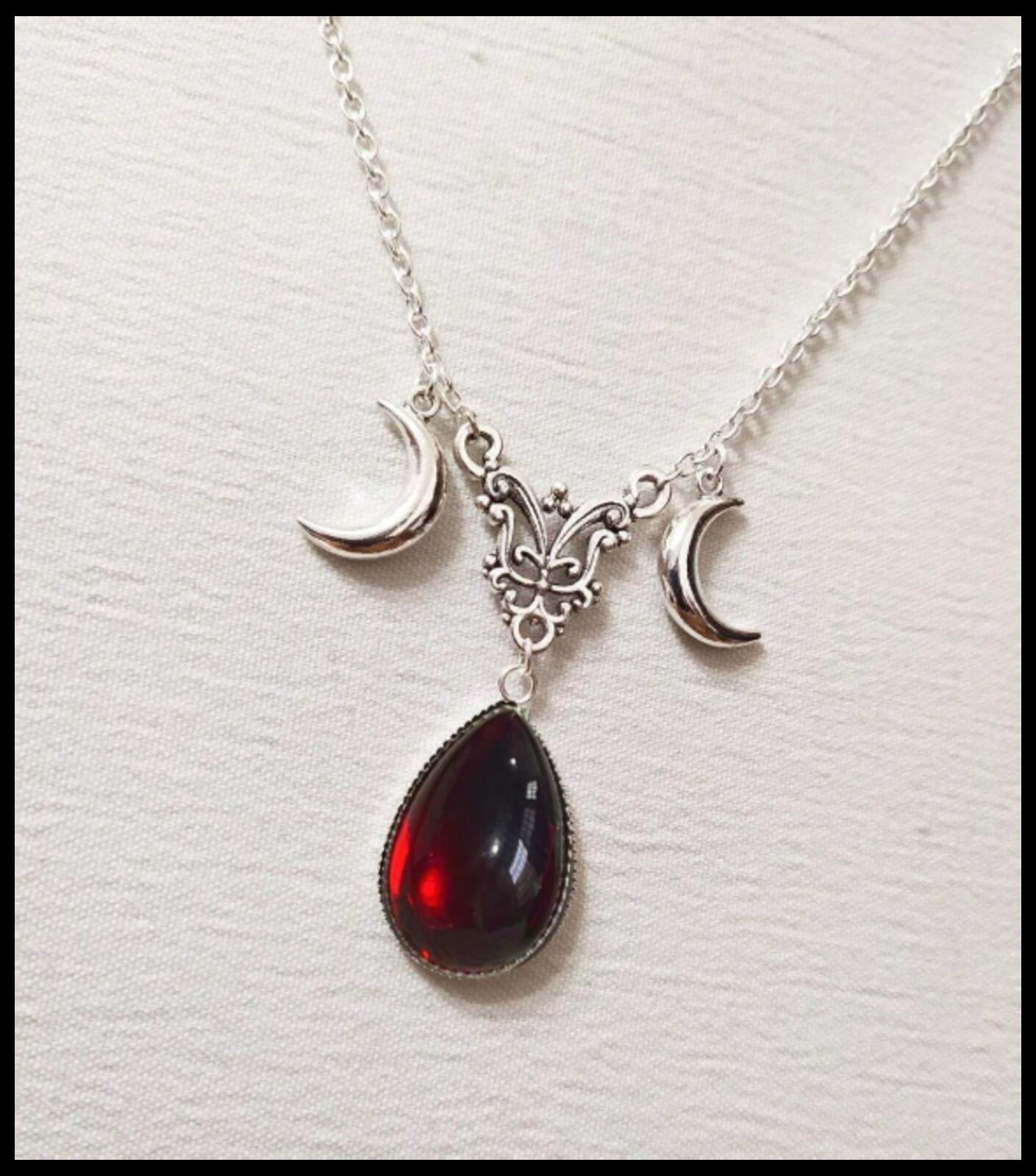 Red bohemian style moon goddess - Necklace - Silver - CZs - 18"