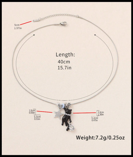 Black cat and star - Necklace - Silver - 18"