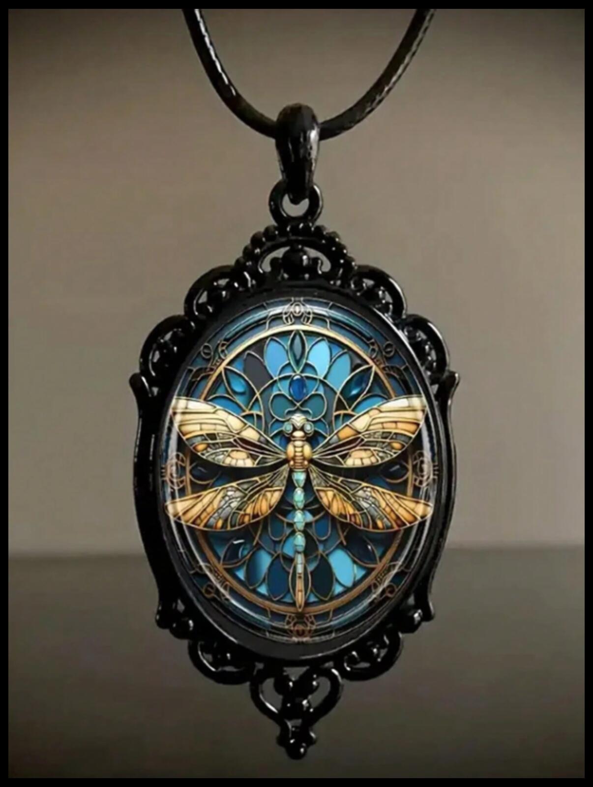 Gothic style dragonfly - Necklace - Black cord - 18"