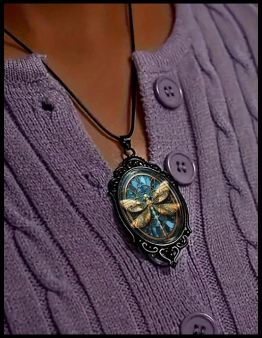 Gothic style dragonfly - Necklace - Black cord - 18"