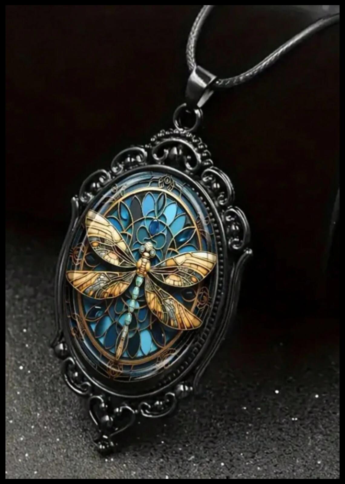 Gothic style dragonfly - Necklace - Black cord - 18"