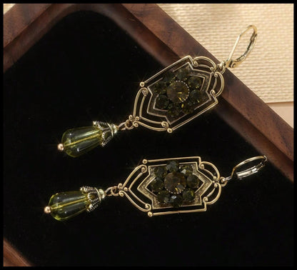 Green vintage style drop - Earrings - Gold - 2"