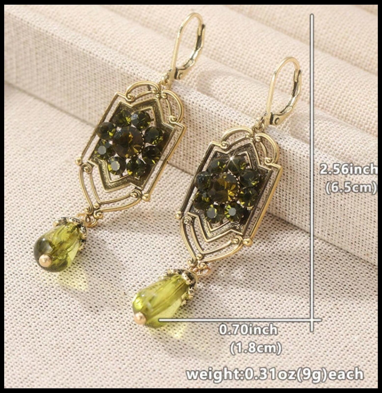 Green vintage style drop - Earrings - Gold - 2"