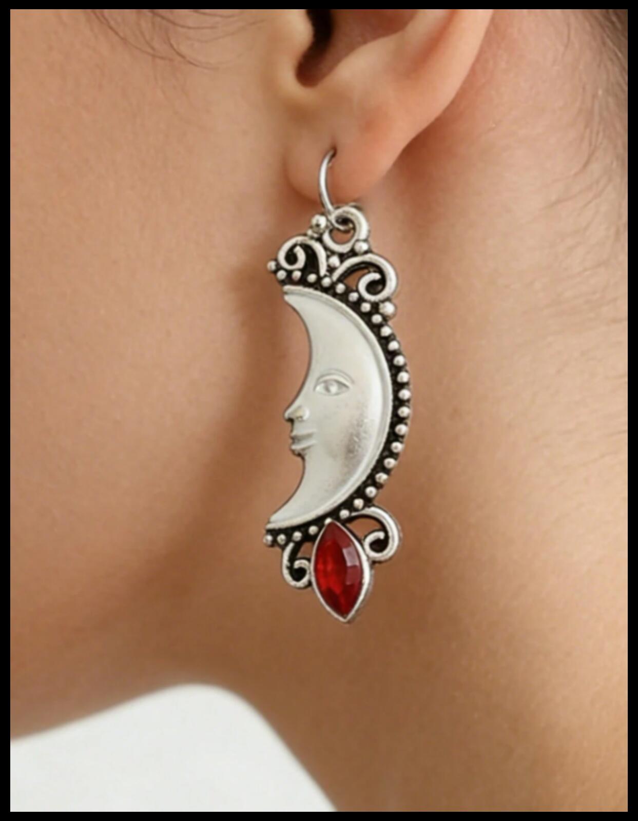 Red man in the moon crescent - Earrings - Silver - CZs - 1"