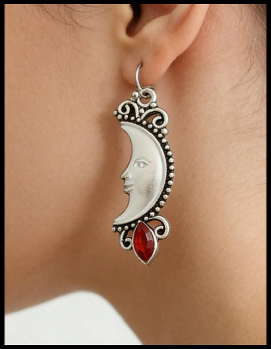 Red man in the moon crescent - Earrings - Silver - CZs - 1"