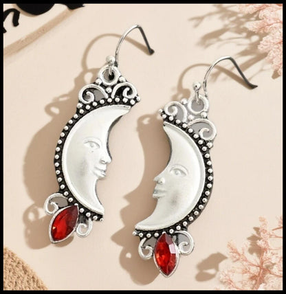 Red man in the moon crescent - Earrings - Silver - CZs - 1"