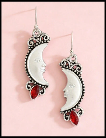 Red man in the moon crescent - Earrings - Silver - CZs - 1"