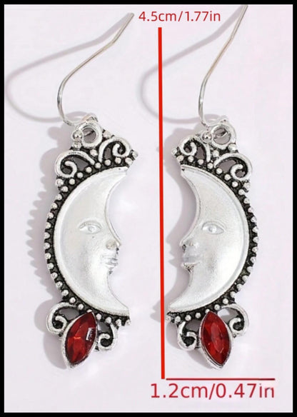 Red man in the moon crescent - Earrings - Silver - CZs - 1"