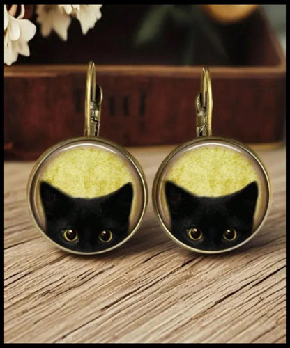 Round vintage style black cat - Earrings - Gold - 1"