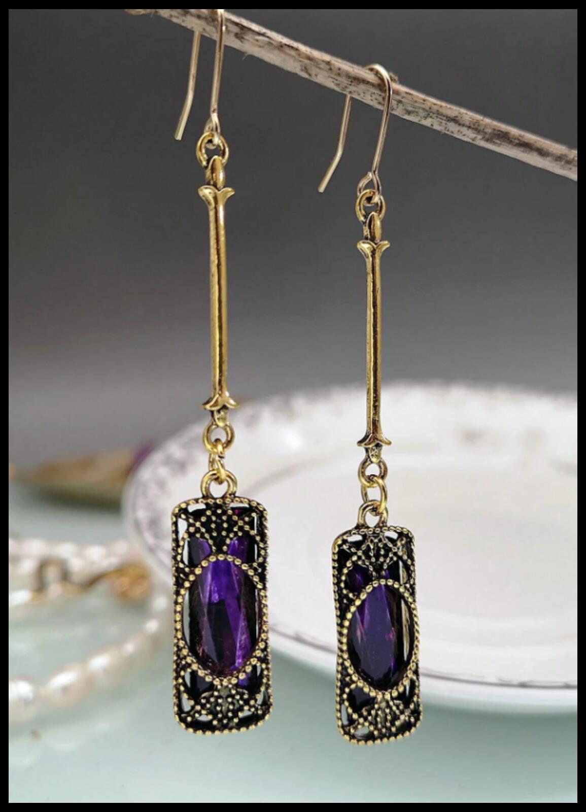 Purple vintage style bronzed  - Earrings - Gold - CZs - 2.75"