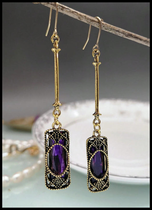 Purple vintage style bronzed  - Earrings - Gold - CZs - 2.75"