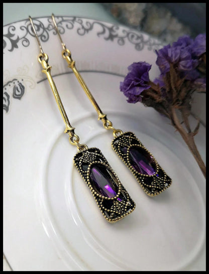 Purple vintage style bronzed  - Earrings - Gold - CZs - 2.75"