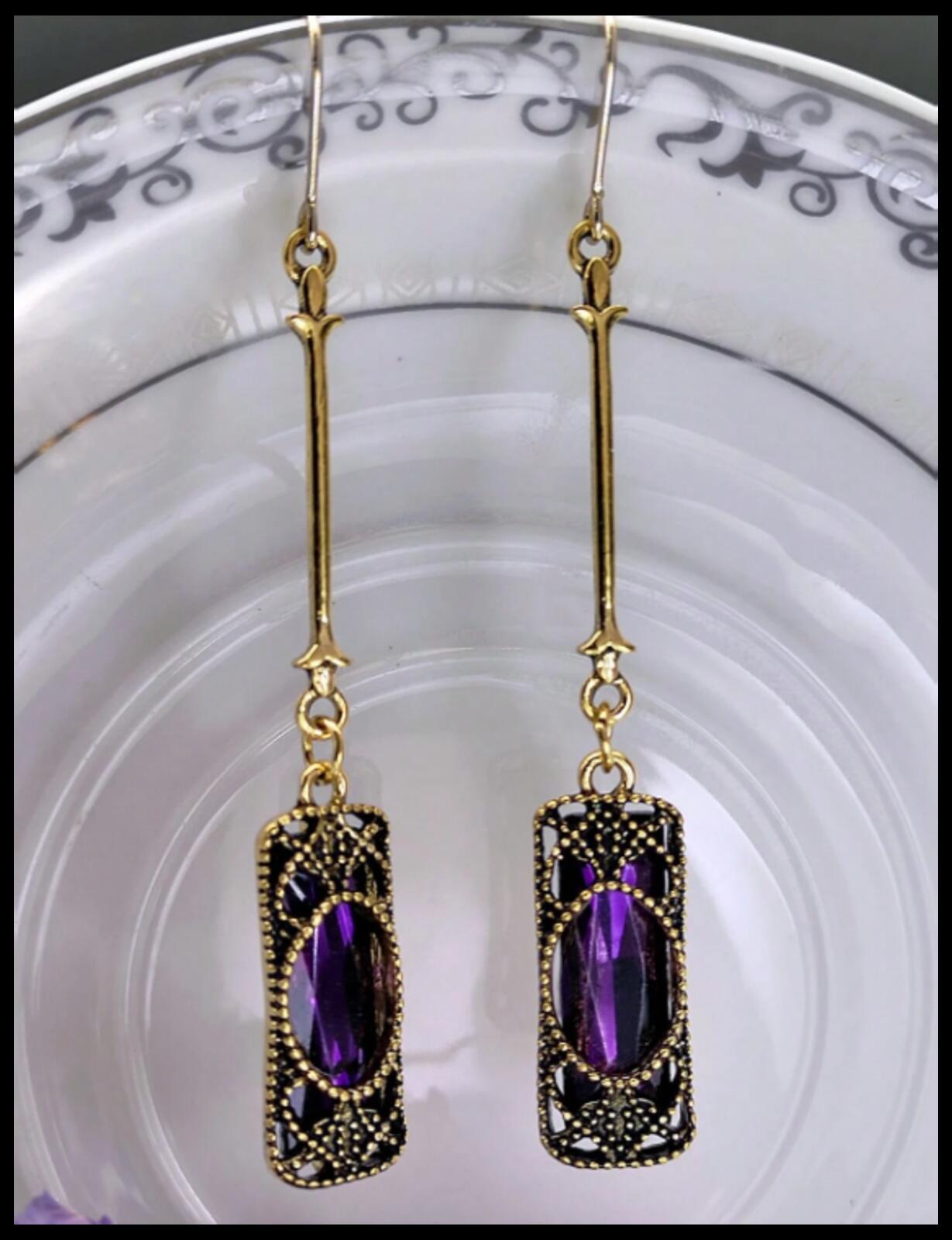 Purple vintage style bronzed  - Earrings - Gold - CZs - 2.75"