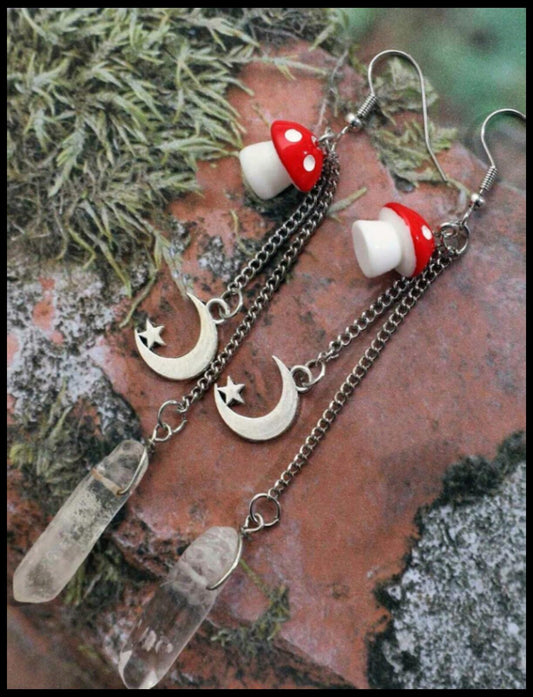 Long red mushroom and crystal - Earrings - Silver - 3"