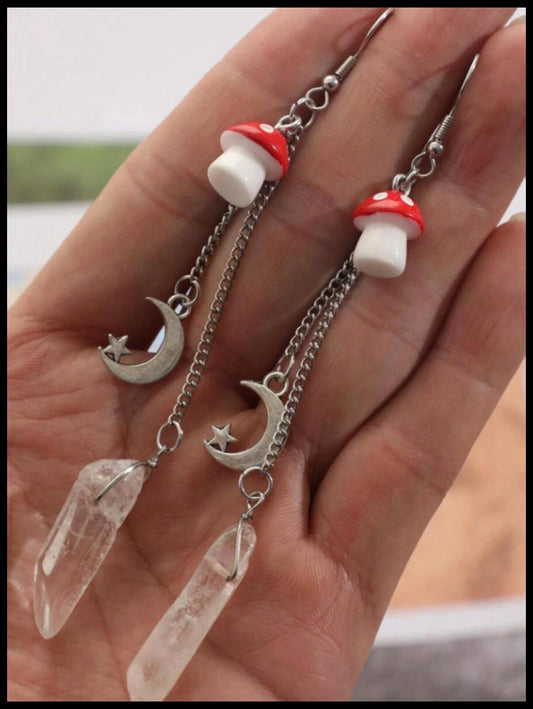 Long red mushroom and crystal - Earrings - Silver - 3"