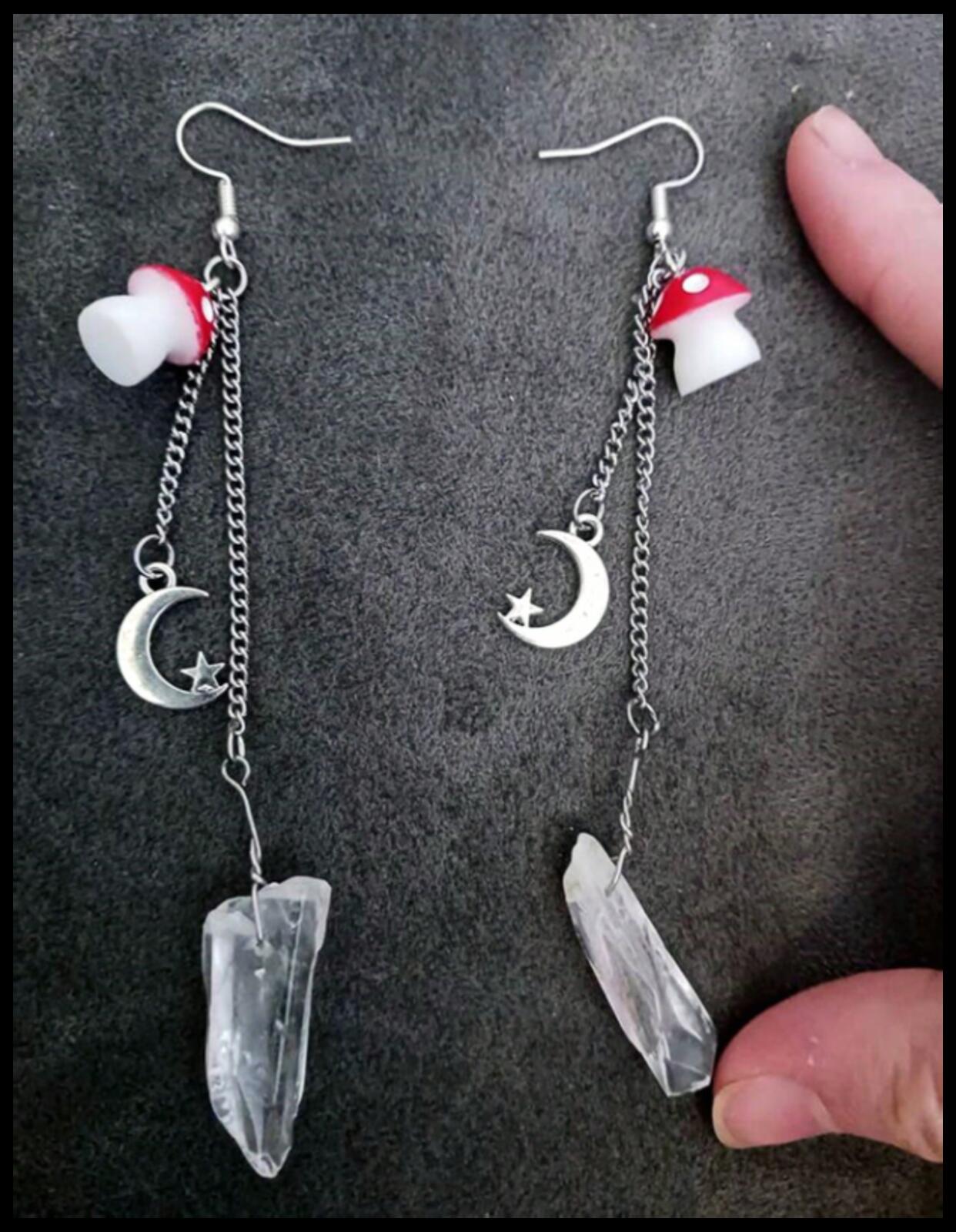 Long red mushroom and crystal - Earrings - Silver - 3"