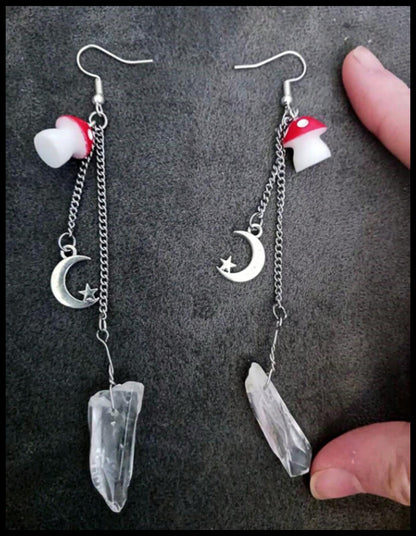 Long red mushroom and crystal - Earrings - Silver - 3"